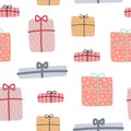 Seamless pattern with cartoon presents. Colorful vector flat for kids. hand drawing.